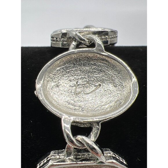 Vintage Style Silver-Tone Enamel Bracelet With Green & Brown Accents Floral & Sw - Picture 6 of 7